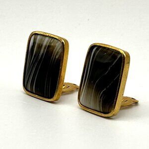 Kramer of NY Faux Agate Glass Brown White Striped Clip On Earrings